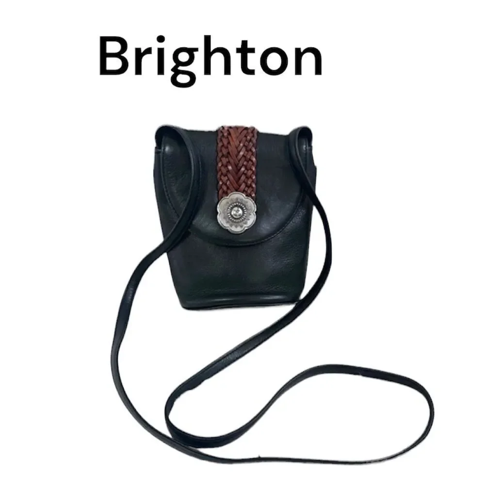 Vintage Brighton Black Brown Leather Flower Adorn Saddle Bucket Crossbody Bag